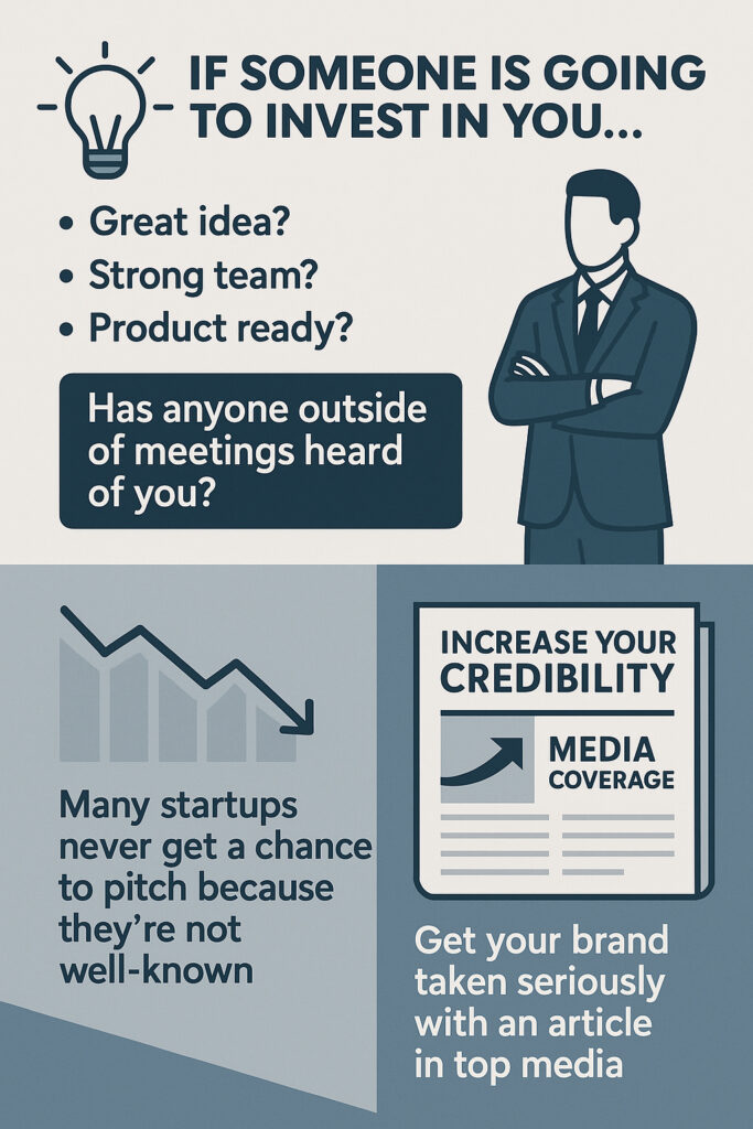 Infographic showing how startups can attract investors by increasing brand credibility through publishing articles in reputable media outlets.