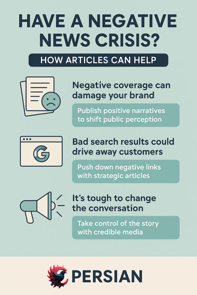 Infographic showing how C Persian Agency helps individuals and companies recover from online reputation crises caused by negative news, Google search results, or harmful media coverage. The graphic outlines clear steps: publishing positive articles in reputable media, pushing down negative links in Google, and rebuilding brand credibility. This visual is designed for users searching for solutions to brand damage, false allegations, or public trust loss. C Persian Agency specializes in strategic article publication to manage crises and restore digital trust.