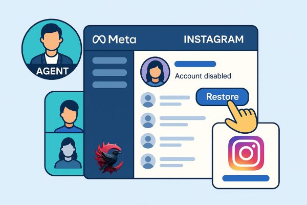 An AI-generated flat-style digital illustration showing a fictional Meta Agent Panel interface used to instantly restore disabled Instagram accounts. The panel symbolizes high-level Meta employee access, including quick reinstatement tools and violation management for Instagram pages. No Persian text is used. بازگردانی با ایجنت