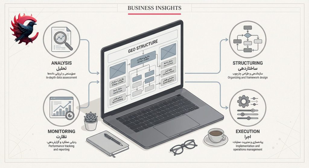 خدمات GEO حرفهای ، اینفوگرافیک خدمات GEO حرفهای که فرآیند تحلیل، ساختاردهی، اجرا و پایش را در قالب یک جریان منظم نشان میدهد؛ تصویر شامل نمایش ساختار GEO روی لپتاپ، نمودارهای تحلیل داده، پایش عملکرد و اجرای فنی است که نحوه عملکرد یک شرکت ارائهدهنده خدمات GEO را بهصورت بصری و حرفهای نمایش میدهد.
